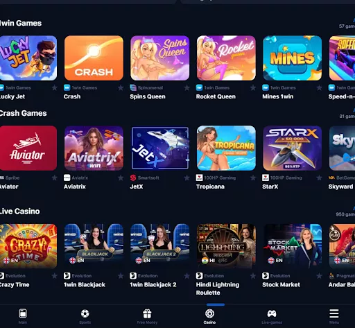 top casino games in the 1win app